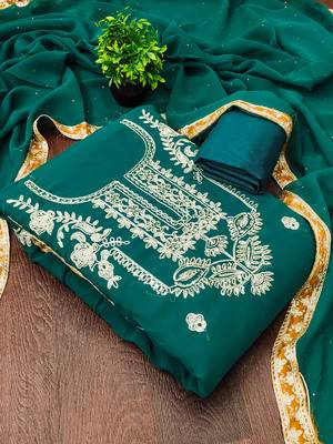 women's teal georgette salwar suit dress material with golden thread embroidery 2