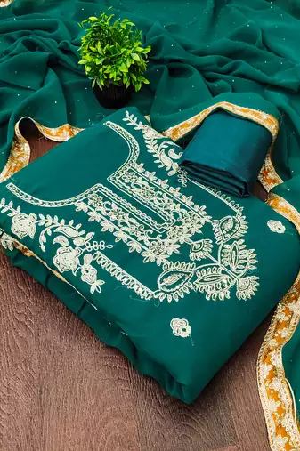 women's teal georgette salwar suit dress material with golden thread embroidery