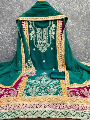 women's teal georgette salwar suit dress material with golden thread embroidery 3
