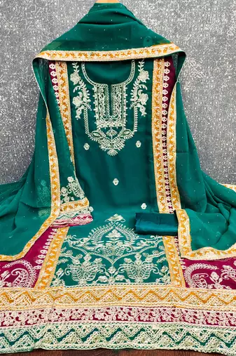 women's teal georgette salwar suit dress material with golden thread embroidery