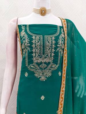 women's teal georgette salwar suit dress material with golden thread embroidery 4