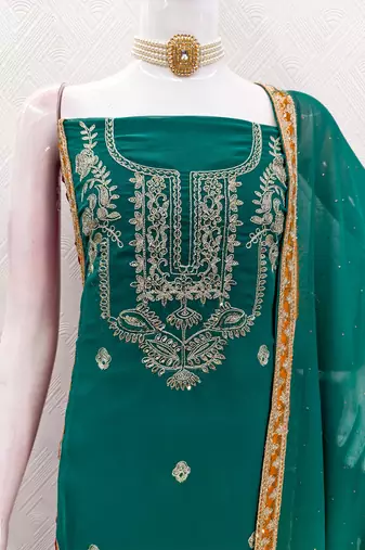 women's teal georgette salwar suit dress material with golden thread embroidery