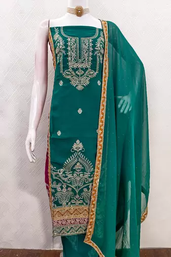 women's teal georgette salwar suit dress material with golden thread embroidery