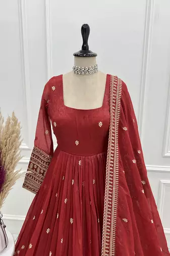  crunchy silk fully flared embroidered anarkali gown with fancy dupatta