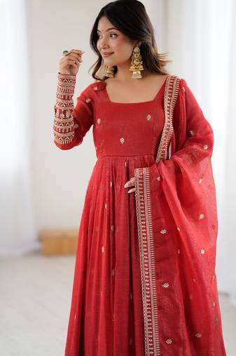 designer Pure Crunchy Silk Fully Flared Embroidered Anarkali Gown with Fancy Dupatta |Handwork Beads & Jari Work 