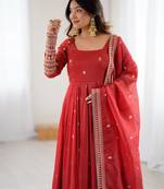 designer Pure Crunchy Silk Fully Flared Embroidered Anarkali Gown with Fancy Dupatta |Handwork Beads & Jari Work 