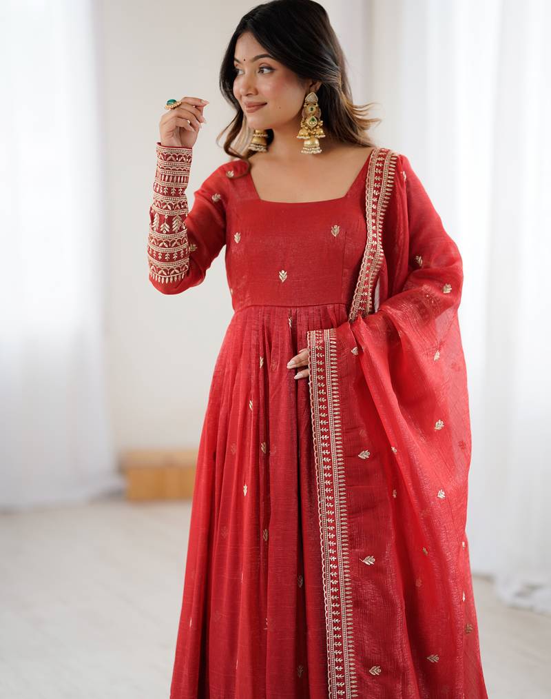 designer Pure Crunchy Silk Fully Flared Embroidered Anarkali Gown with Fancy Dupatta |Handwork Beads & Jari Work 