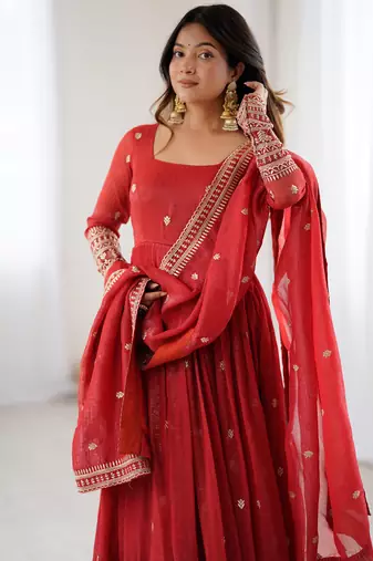  crunchy silk fully flared embroidered anarkali gown with fancy dupatta