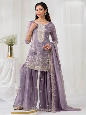 Purple embroidered gold crush stitched palazzo style salwar suit 1