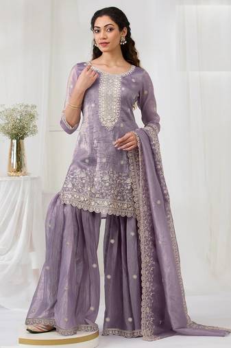 Purple embroidered gold crush semi-stitched palazzo style salwar suit