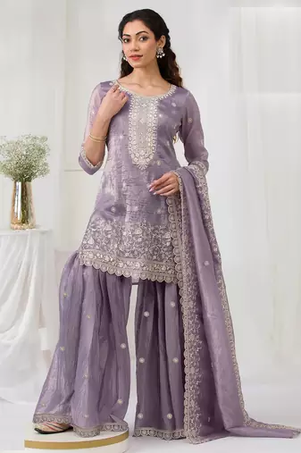 Purple embroidered gold crush semi-stitched palazzo style salwar suit