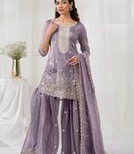 Purple embroidered gold crush stitched palazzo style salwar suit