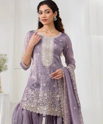Purple embroidered gold crush stitched palazzo style salwar suit 2