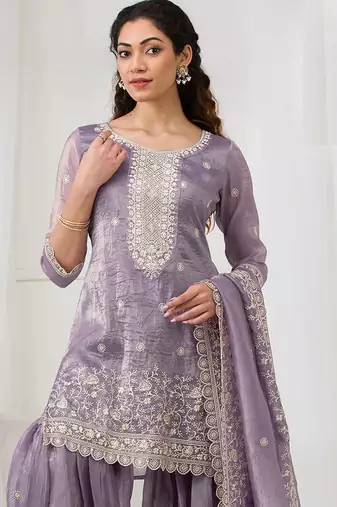 Purple embroidered gold crush stitched palazzo style salwar suit