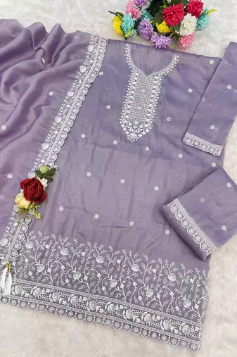 Purple embroidered gold crush stitched palazzo style salwar suit