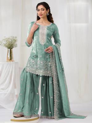 Sky embroidered gold crush stitched palazzo style salwar suit 1