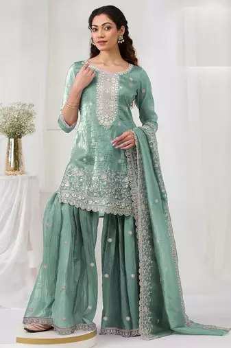 Sky embroidered gold crush semi-stitched palazzo style salwar suit