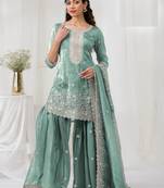 Sky embroidered gold crush stitched palazzo style salwar suit