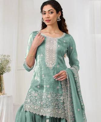 Sky embroidered gold crush stitched palazzo style salwar suit 2