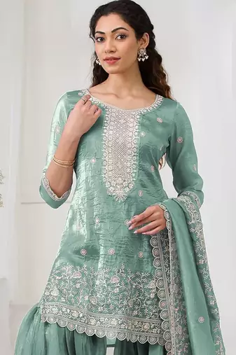 Sky embroidered gold crush stitched palazzo style salwar suit