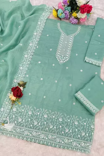 Sky embroidered gold crush stitched palazzo style salwar suit