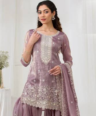 Lavender embroidered gold crush stitched palazzo style salwar suit 1
