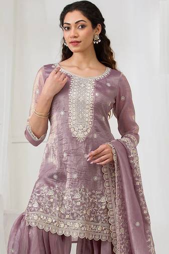 Lavender embroidered gold crush semi-stitched palazzo style salwar suit