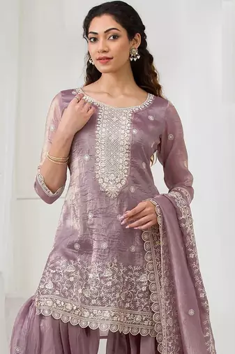 Lavender embroidered gold crush semi-stitched palazzo style salwar suit
