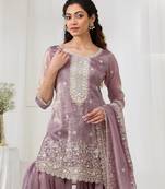 Lavender embroidered gold crush stitched palazzo style salwar suit