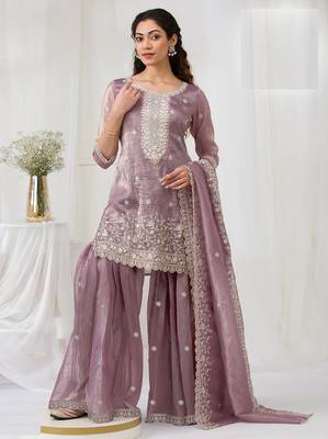 Lavender embroidered gold crush stitched palazzo style salwar suit 2
