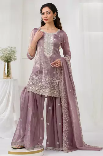 Lavender embroidered gold crush stitched palazzo style salwar suit
