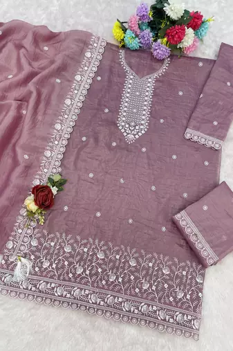 Lavender embroidered gold crush stitched palazzo style salwar suit