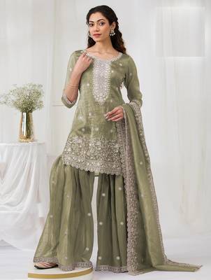 Green embroidered gold crush stitched palazzo style salwar suit 1