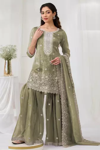 Green embroidered gold crush semi-stitched palazzo style salwar suit