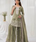 Green embroidered gold crush stitched palazzo style salwar suit