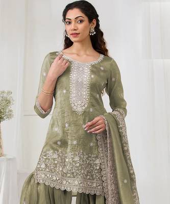 Green embroidered gold crush stitched palazzo style salwar suit 2