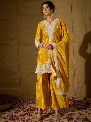 Yellow embroidered chinon straight kurta with sharara & dupatta set for women 1