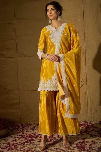 Yellow embroidered chinon straight kurta with sharara & dupatta set for women