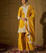 Yellow embroidered chinon straight kurta with sharara & dupatta set for women
