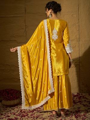 Yellow embroidered chinon straight kurta with sharara & dupatta set for women 2