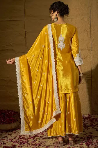 Yellow embroidered chinon straight kurta with sharara & dupatta set for women