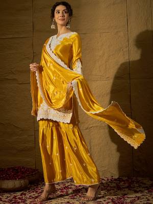 Yellow embroidered chinon straight kurta with sharara & dupatta set for women 3