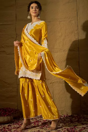Yellow embroidered chinon straight kurta with sharara & dupatta set for women