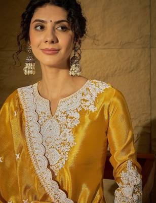 Yellow embroidered chinon straight kurta with sharara & dupatta set for women 4