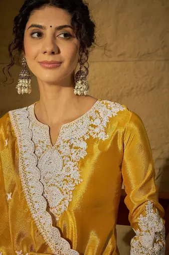 Yellow embroidered chinon straight kurta with sharara & dupatta set for women