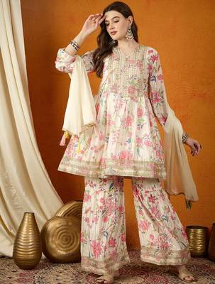 Cream embroidered chinon anarkali kurta sharara set with lace dupatta 1