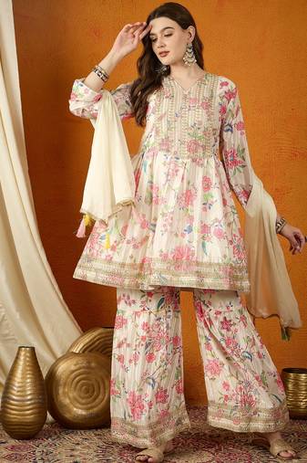 Cream embroidered chinon anarkali kurta sharara set with lace dupatta