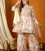 Cream embroidered chinon anarkali kurta sharara set with lace dupatta