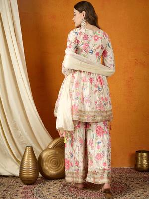 Cream embroidered chinon anarkali kurta sharara set with lace dupatta 2