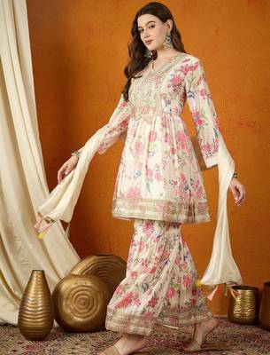 Cream embroidered chinon anarkali kurta sharara set with lace dupatta 3